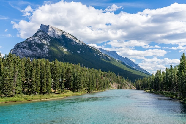 Town of Banff Bow River Trail scenery in summer sunny day Banff National Park Canadian Rockies