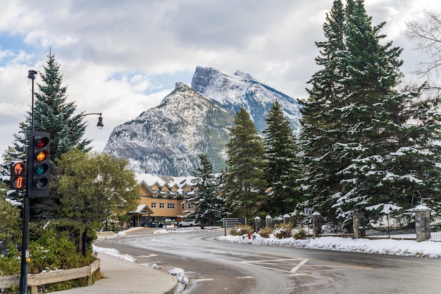 Town of Banff street view in snowy day. Banff National Park, Canadian Rockies. Banff, Canada