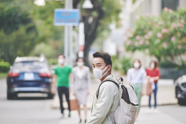 Town citizen in protective mask