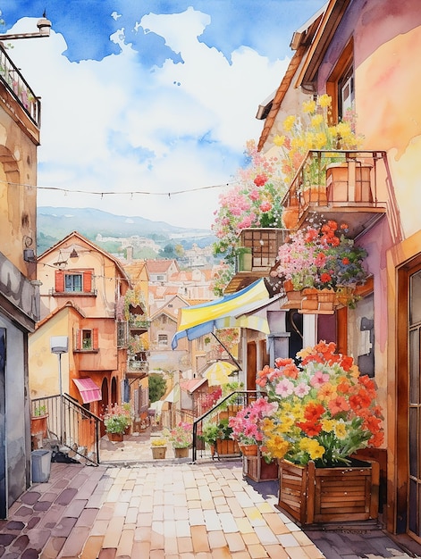 A town full of spring atmosphere Watercolor