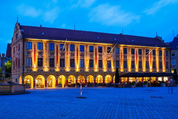 Town Hall or Rathaus in Memmingen city centre at sunset. Memmingen is a town in Swabia in Bavaria, Germany.