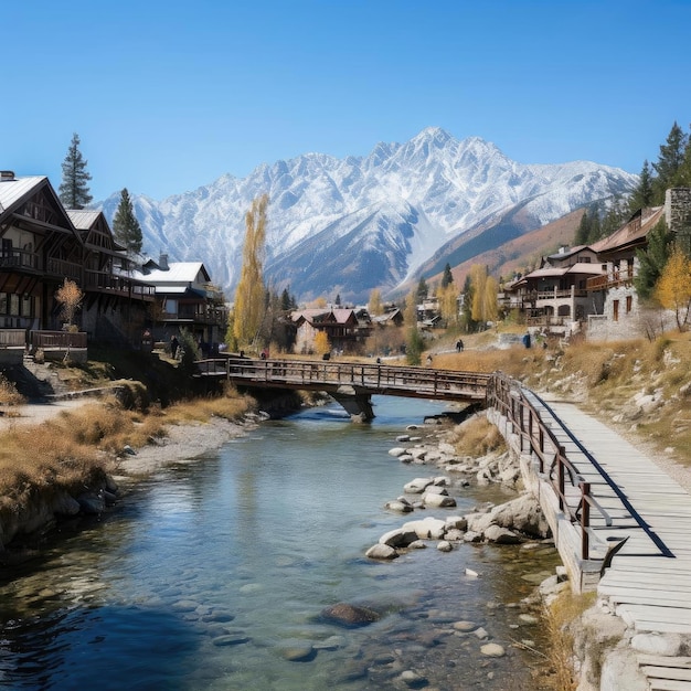 Town near a stream and mountains in a naturalistic style