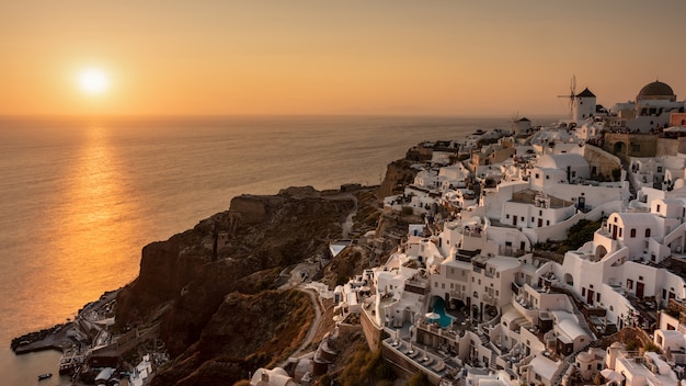 The town of Oia in Santorini at sunset. Greece