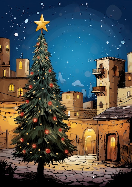 A town square adorned with a towering Christmas tree and a nativity scene watercolor winter border