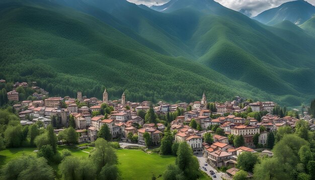 Photo a town with a green mountain in the background