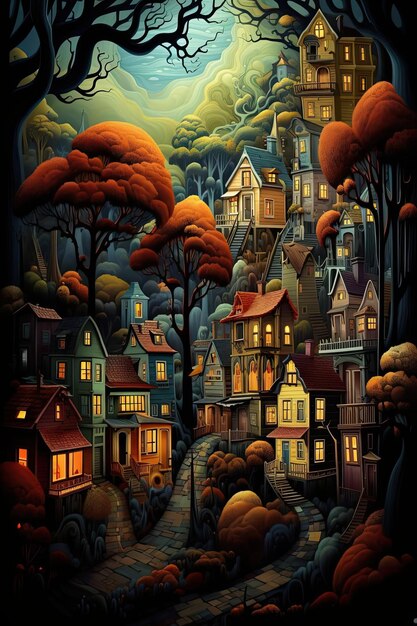 a town with houses trees and birds in the style of bold colors strong lines victorian