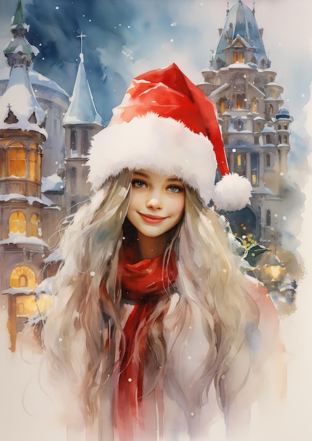 town woman wearing santa hat scarf teenaged girl turning head smiling icon sheng light snow