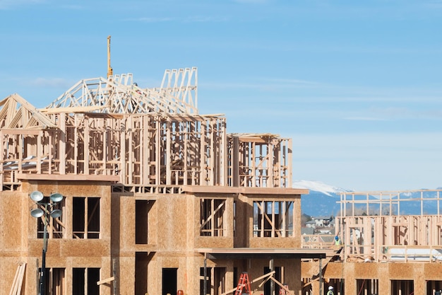 Townhome construction with wood framing.