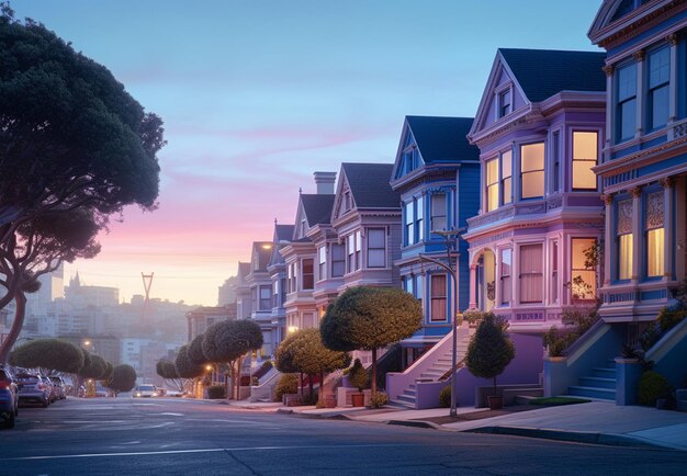 Townhouses at dusk San Francisco California United States