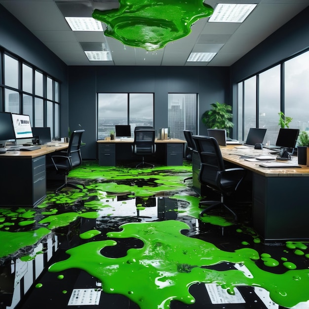 toxic office with puddles of slime