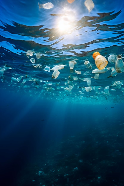 Photo toxic plastic waste floating underwater in the ocean water environmental pollution plastic problem waste problem beach pollution