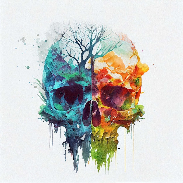 Toxic skull Double exposure watercolor skeleton head Nuclear concept Generative AI