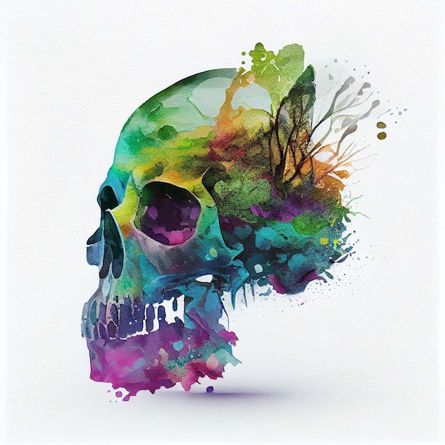 Toxic skull Double exposure watercolor skeleton head Nuclear concept Generative AI
