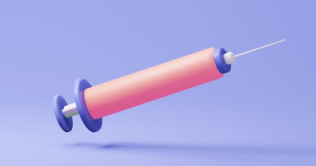 紫色の背景におもちゃの3D注射器のクローズアップ。