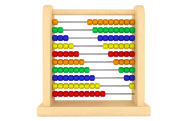 Toy abacus with rainbow colored beads on a white background