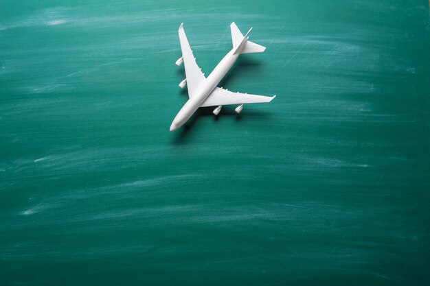 Toy airplane over chalkboard background