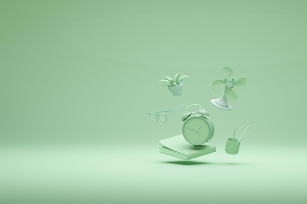 Toy airplane pen and book clock aloe vera pot floating in green\
background 3d render