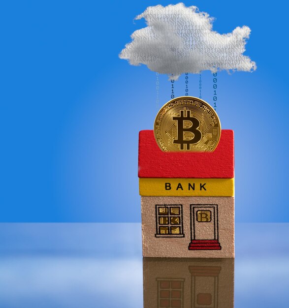 Foto costruzione di una banca giocattolo con asset bitcoin