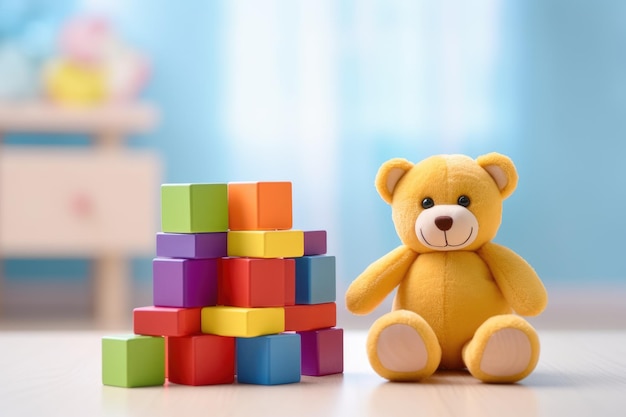 toy bear and colorful blocks