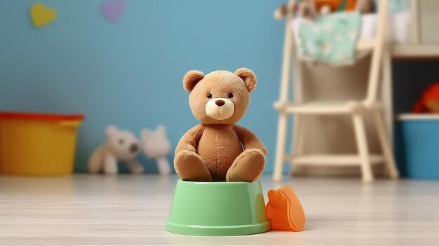 A toy bear sits on a green dog bowl.