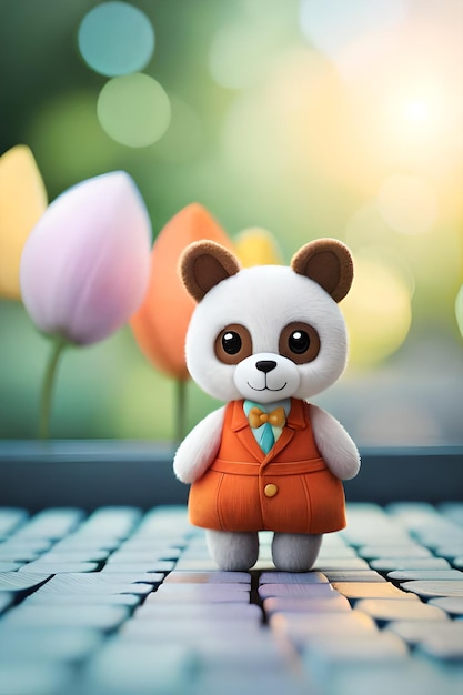 A toy bear stands on a keyboard with a pink tulip in the background.