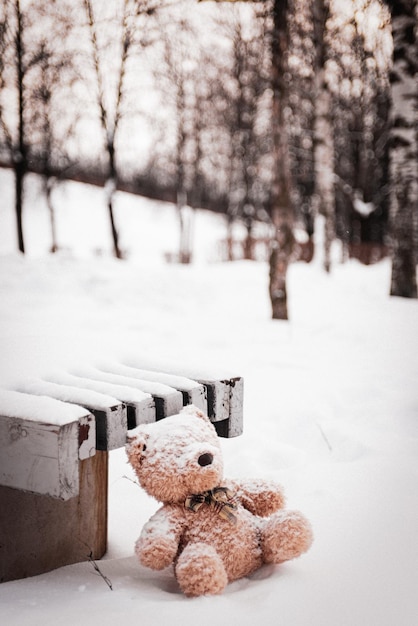 Foto l'orso giocattolo è stato lasciato in inverno nel parco giochi per bambini