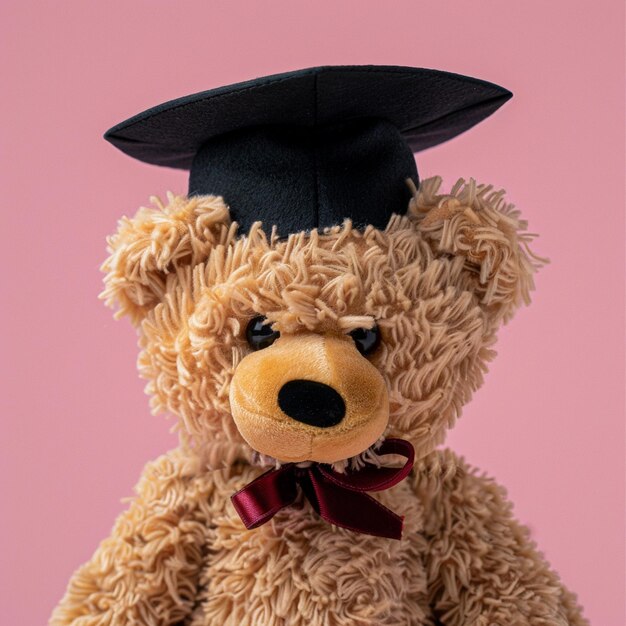 A toy bear wearing a bachelor cap for graduation concept