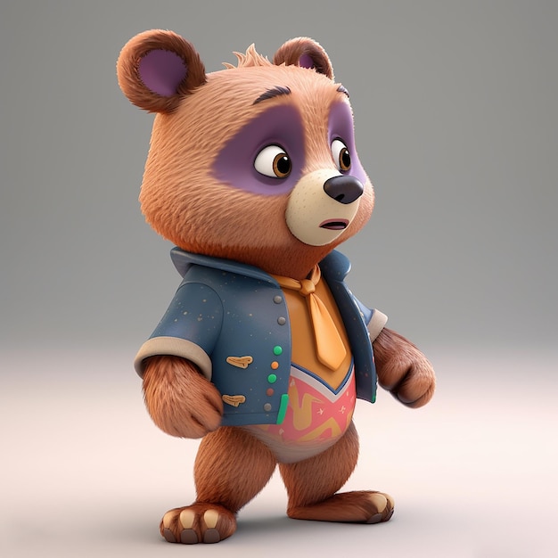 A toy bear wearing a blue jacket and a pink bow tie.