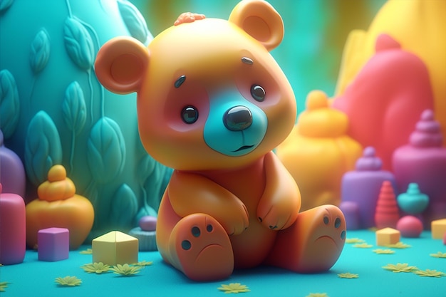 A toy bear with a blue background