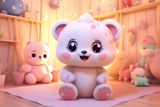 분홍색 귀를 가진 장난감 곰과 배경에 분홍색 곰이 있습니다.