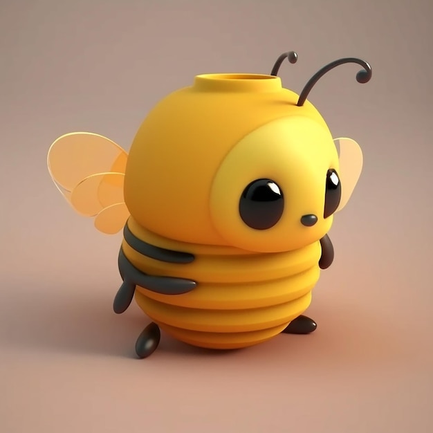 A toy bee with a can of honey sits on a pink background.