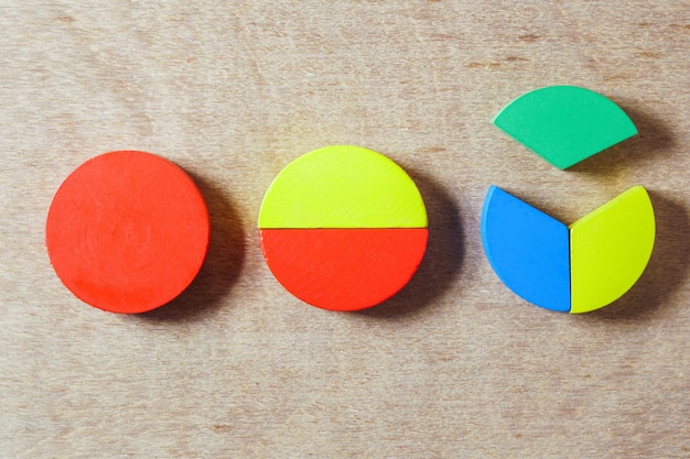 Photo toy blocks representing pie charts on table