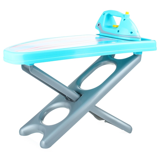A toy blue iron on a white background Ironing board Plastic toy for Household Play