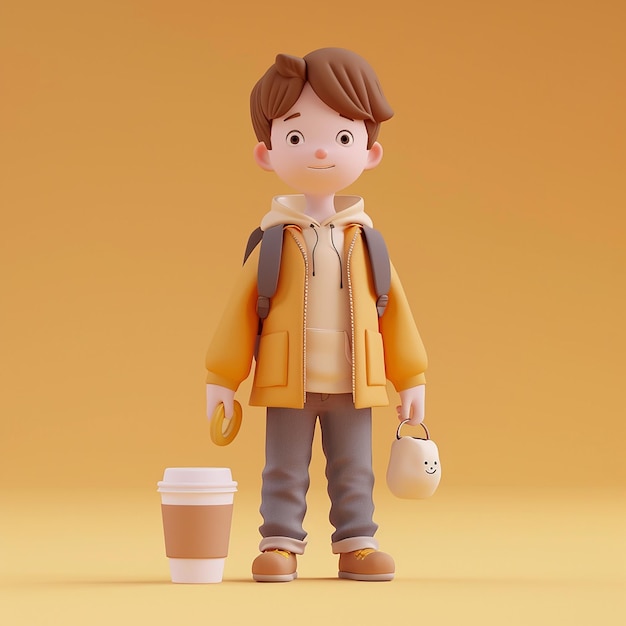 a toy of a boy with a cup of coffee and a cup of coffee