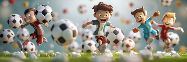 a toy of a boy with soccer balls in the background