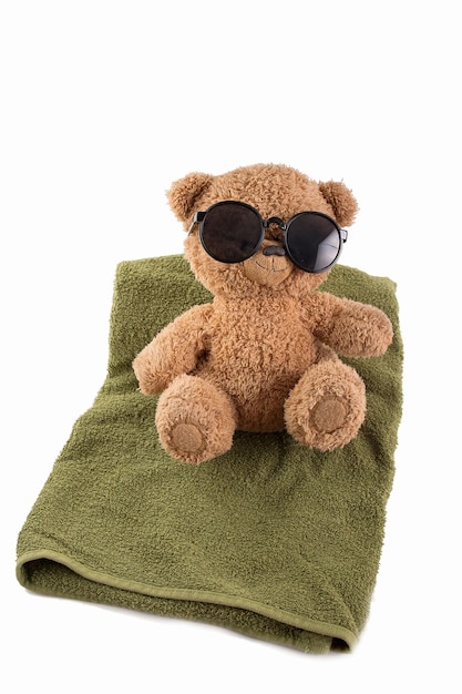 A toy brown bear enjoys a vacation in sunglasses