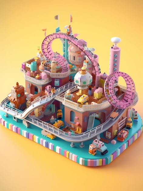 A toy building with a ferris wheel and a rollercoaster on it.