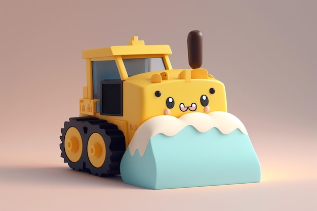 A toy bulldozer with a cute face and a smile on the face.