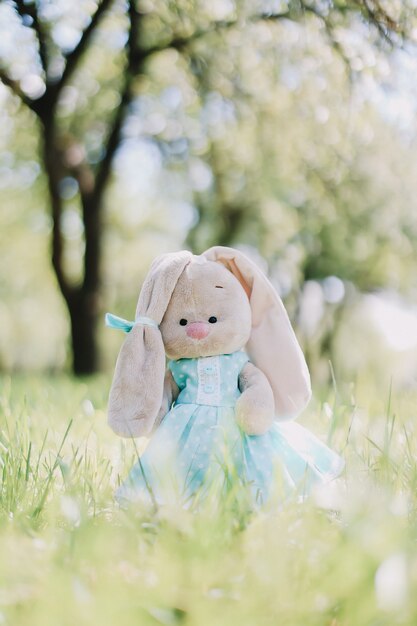 푸른 잔디에 파란 드레스를 입은 장난감 토끼