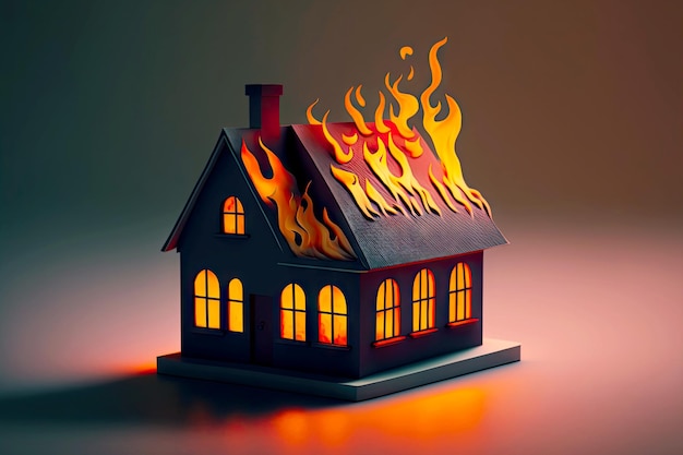 屋根の上の炎を描いたおもちゃの燃える家