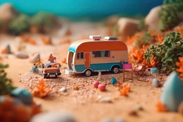 A toy camper is parked in the sand Generative AI image