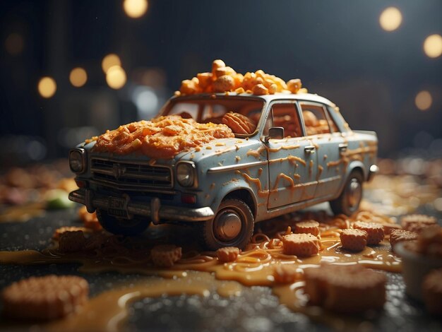 Photo a toy car is covered in caramel and placed amidst scattered cookies creating a whimsical and sweet