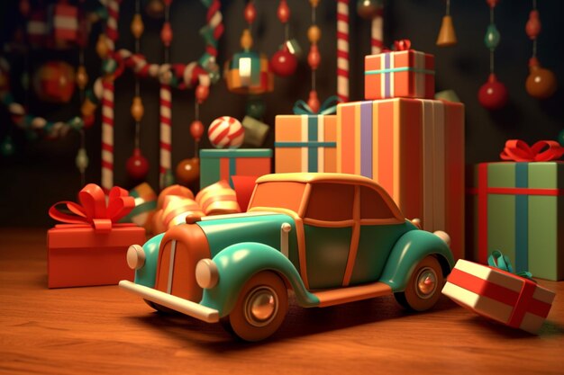 A toy car is in front of a christmas tree and presents.