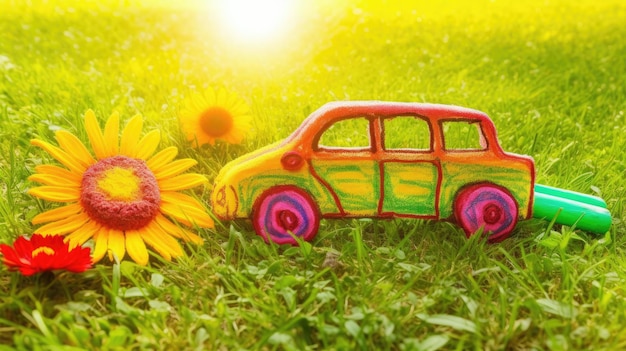 A toy car is on the grass next to a sunflower.