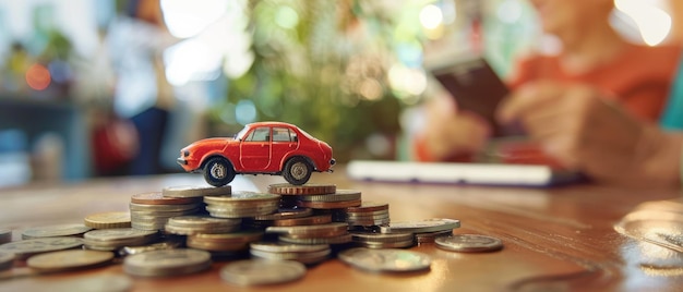 A toy car is sitting on top of a pile of coins by ai generated image