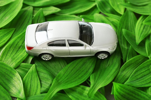 사진 녹색 잎 배경에 장난감 자동차