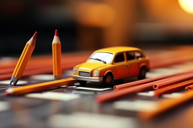 Toy car on a pencil road