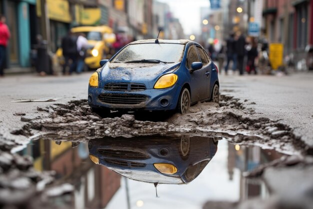 Foto auto giocattolo in una buca in una strada trafficata della città