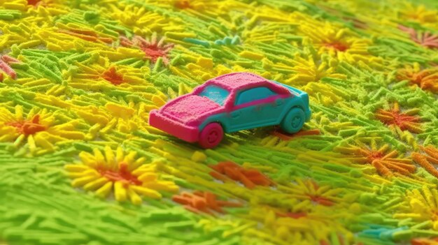 A toy car sits on a colorful carpet with yellow and green flowers.