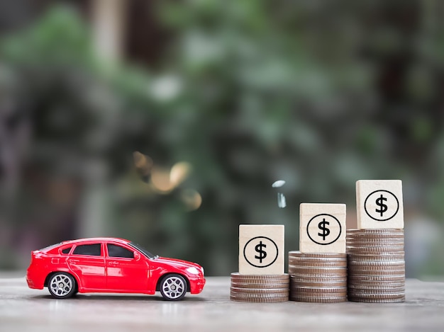 Toy car stack of coins and dollar coin icons The concept of saving money and manage to success transport business